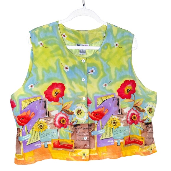 Michael Mims Kathy Cole Tops - Michael Mims Kathy Cole Womens Silk Floral Print Vest 1X Artsy Vintage Cottage